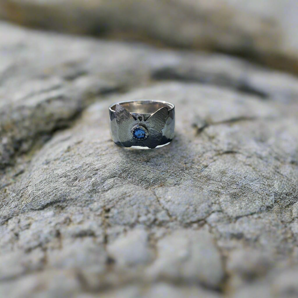 Handcrafted .925 Sterling Silver Boho Statement Ring with Butterfly Charm & Blue Swarovski Rhinestone