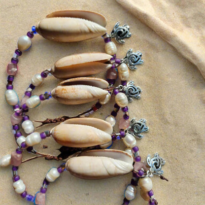 Beach wedding shell bracelet set – natural Olive shells with pink and purple gemstone beads and pearl accents