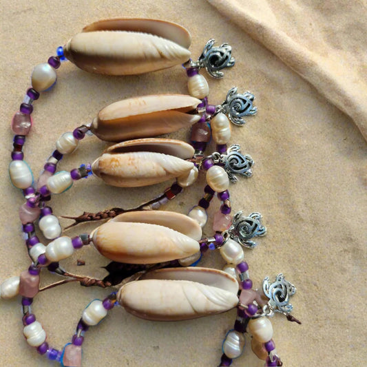 Beach wedding shell bracelet set – natural Olive shells with pink and purple gemstone beads and pearl accents