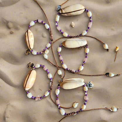 Beach wedding shell bracelet set – natural Olive shells with pink and purple gemstone beads and pearl accents