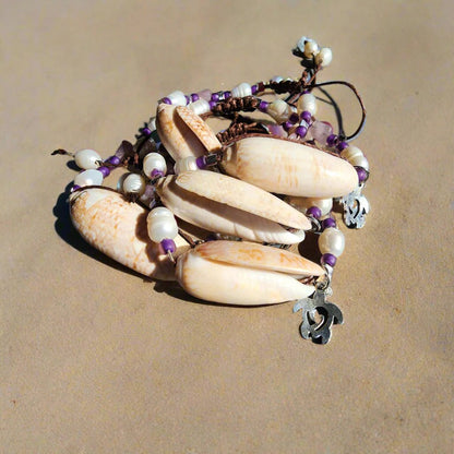 Beach wedding shell bracelet set – natural Olive shells with pink and purple gemstone beads and pearl accents