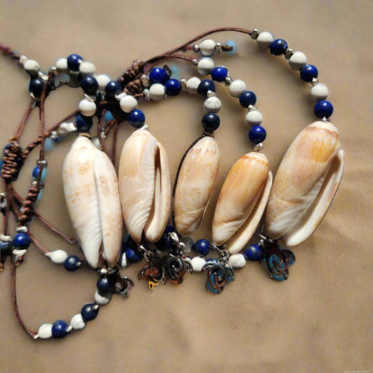 Lapis Lazuli and Howlite beach wedding bracelet set with Olive Shells and pearl accents