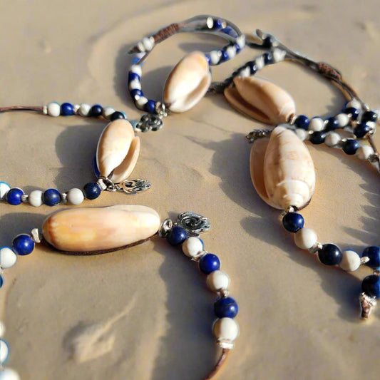 5-Pack Olive Shell Bridesmaid Bracelets - Lapis Lazuli & Howlite Beach Wedding Gift Set (Blue & White Theme)