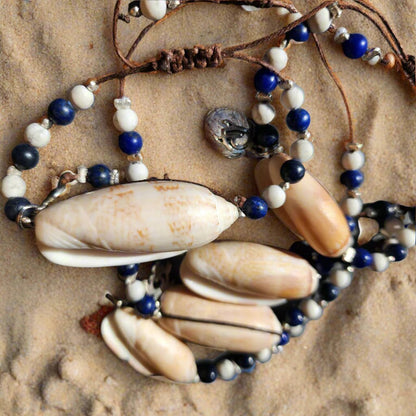 Lapis Lazuli and Howlite beach wedding bracelet set with Olive Shells and pearl accents