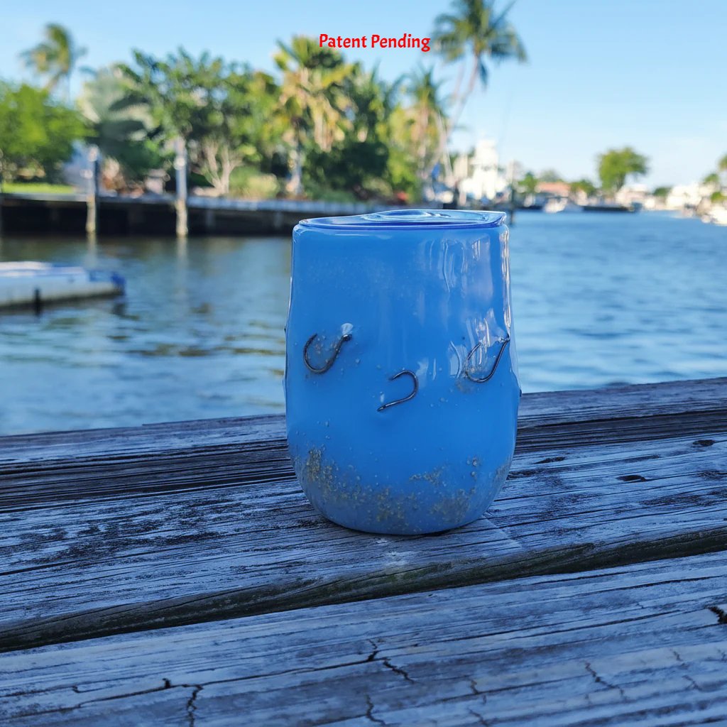 Blue Tide Hook & Tumble™ stemless wine tumbler on dock – ocean blue - in epoxy with real fishing hooks handmade in South Florida