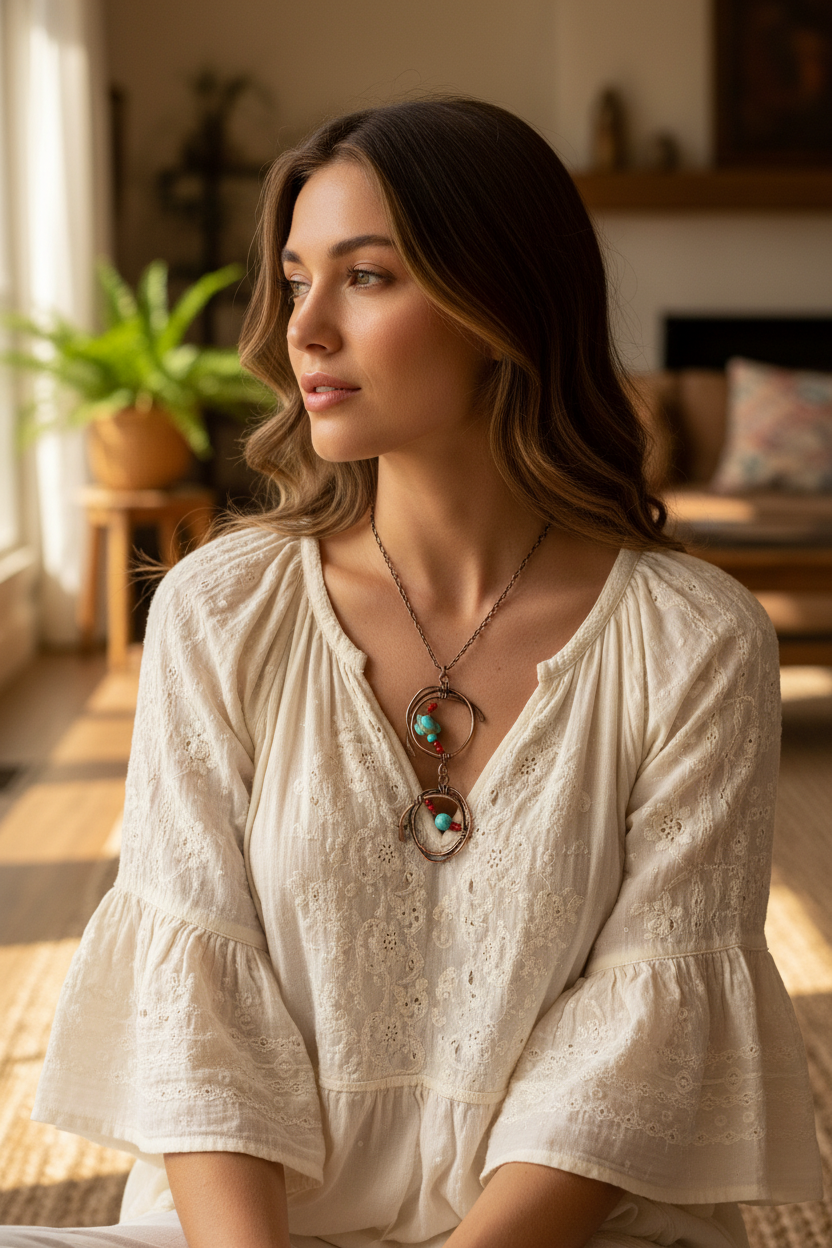 Copper pendant necklace with turquoise howlite turtle and red glass beads