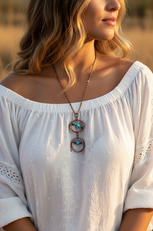 Handmade copper wire-wrapped turtle pendant necklace with turquoise howlite stone and metallic purple beads