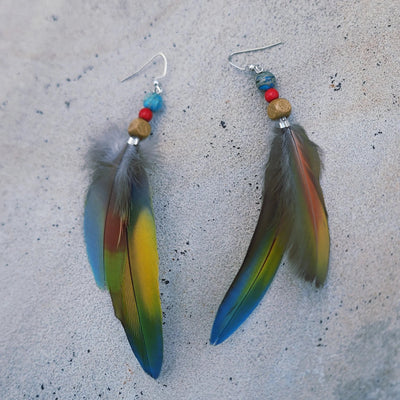 Coastal Feather Earrings | Long Double Feather Blue Teal Jasper Dangle