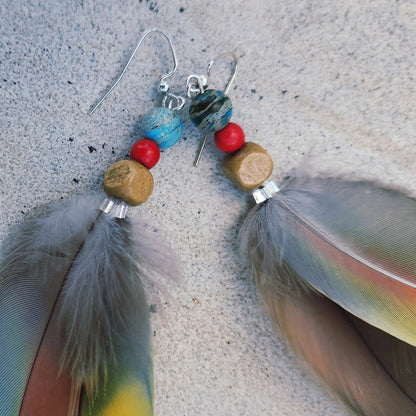 Double feather Earring close up of beads