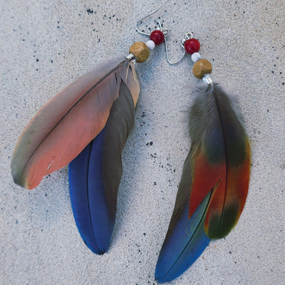 Coastal Feather Earrings | Blue Green Feather Howlite Wood Coral Dangle