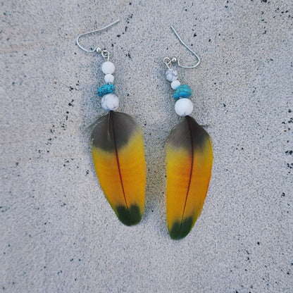 Feather Earring turquoise and white howlite laying flat