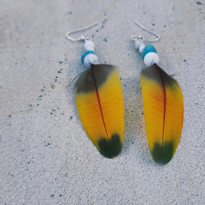 Feather Earring turquoise and white howlite close up