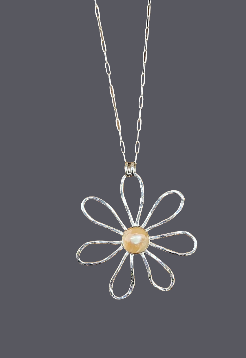 Flower Pedal Pendant with Mother Of Pearl Cabochon - Sterling Silver - Handmade Boho Jewelry