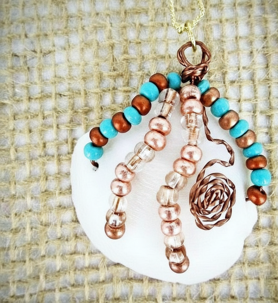 White Lucina Seashell Pendant-Vintage Wire Wrapped-Color Glass Bead-Beach Boho 