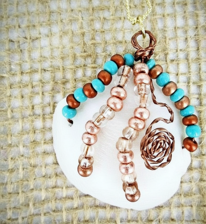 White Lucina Seashell Pendant-Vintage Wire Wrapped-Color Glass Bead-Beach Boho 