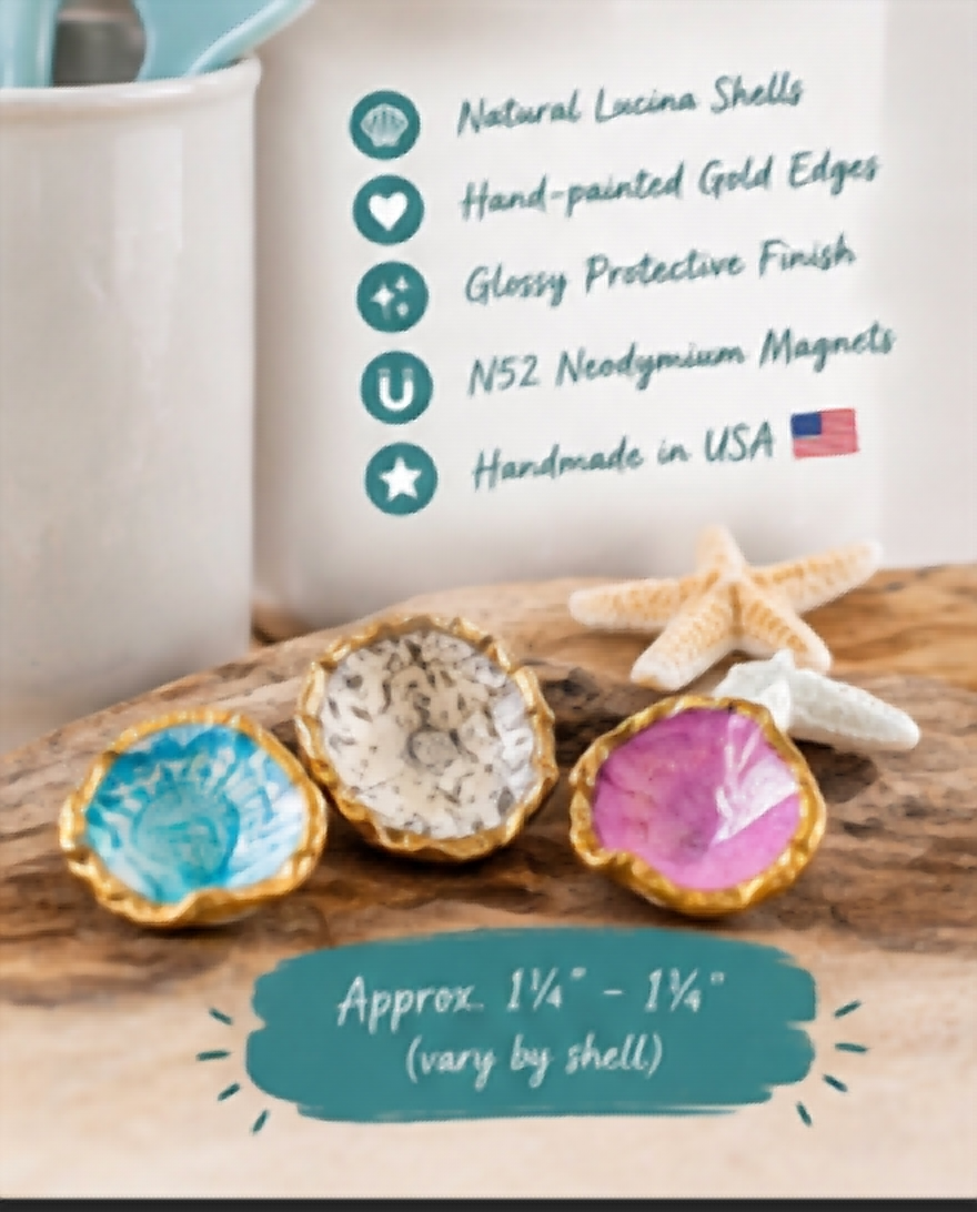 Seashell fridge magnet product details, natural Lucina shells with hand-painted gold edges, glossy finish, and N52 neodymium magnets, approximately 1 1/4 to 1 3/4 inches