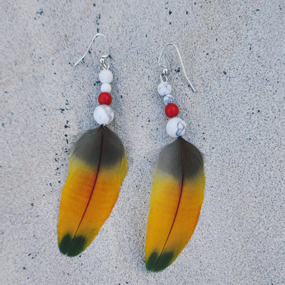 Coastal Feather Earrings | Yellow Feather White Howlite Coral Dangle