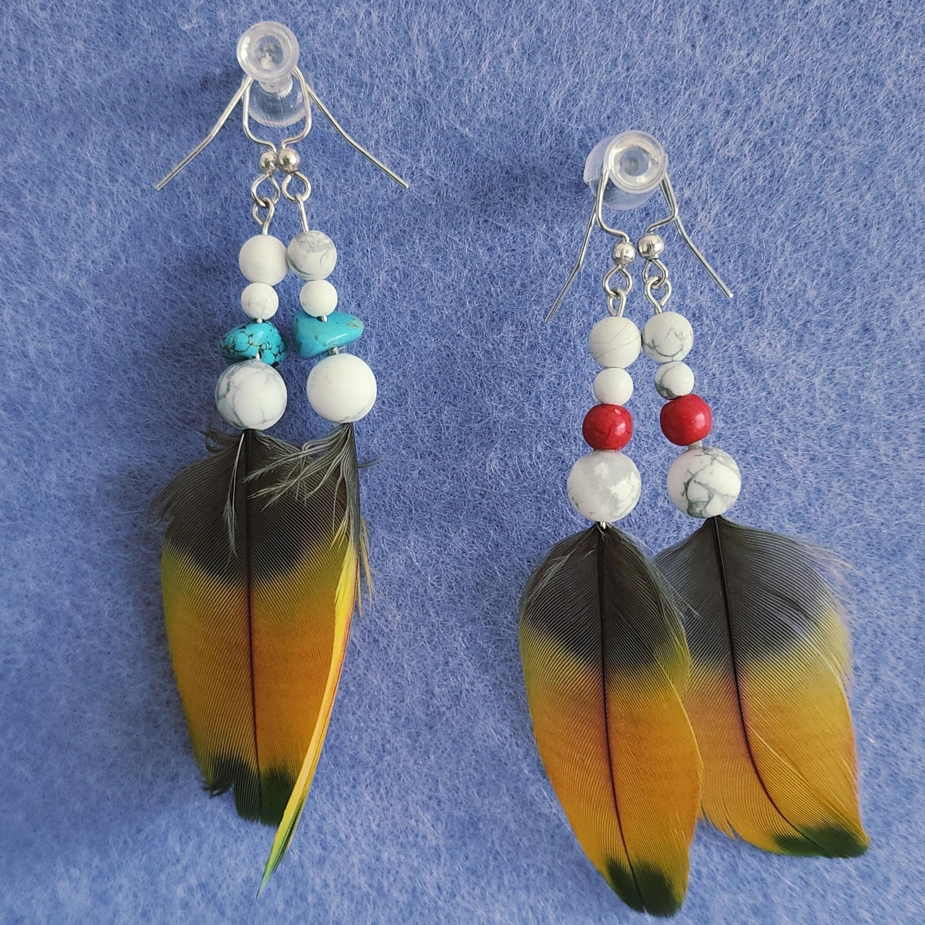 Yellow Feather Earring with white howlite and red bead and white and turquoise beads