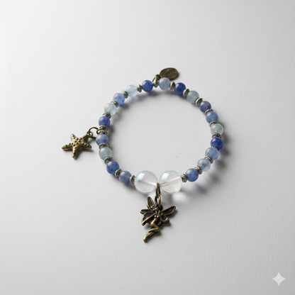 Handmade  Gemstone BraceletPowerful Blue Aventurine Bracelet with Angel Aura Quartz Beads, Vintage Fairy Charm, 7" Length