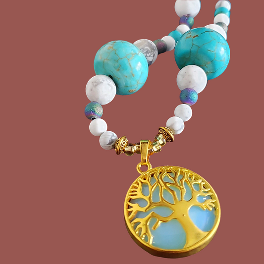 Gold-Tone Tree of Life Pendant Necklace with Opalite & Gemstones – Handmade Healing Crystal Jewelry