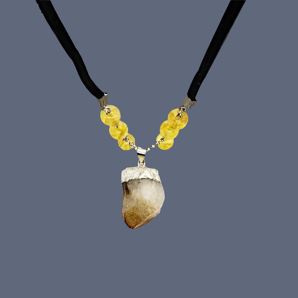 Citrine Raw Nugget Pendant Necklace - Silver Chain & Black Faux Leather Rope - Manifestation Power Handmade Jewelry