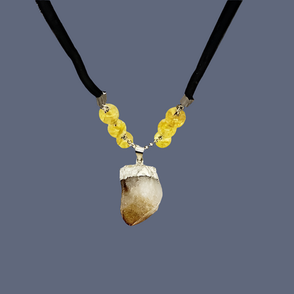 Citrine Raw Nugget Pendant Necklace - Silver Chain & Black Faux Leather Rope - Manifestation Power Handmade Jewelry