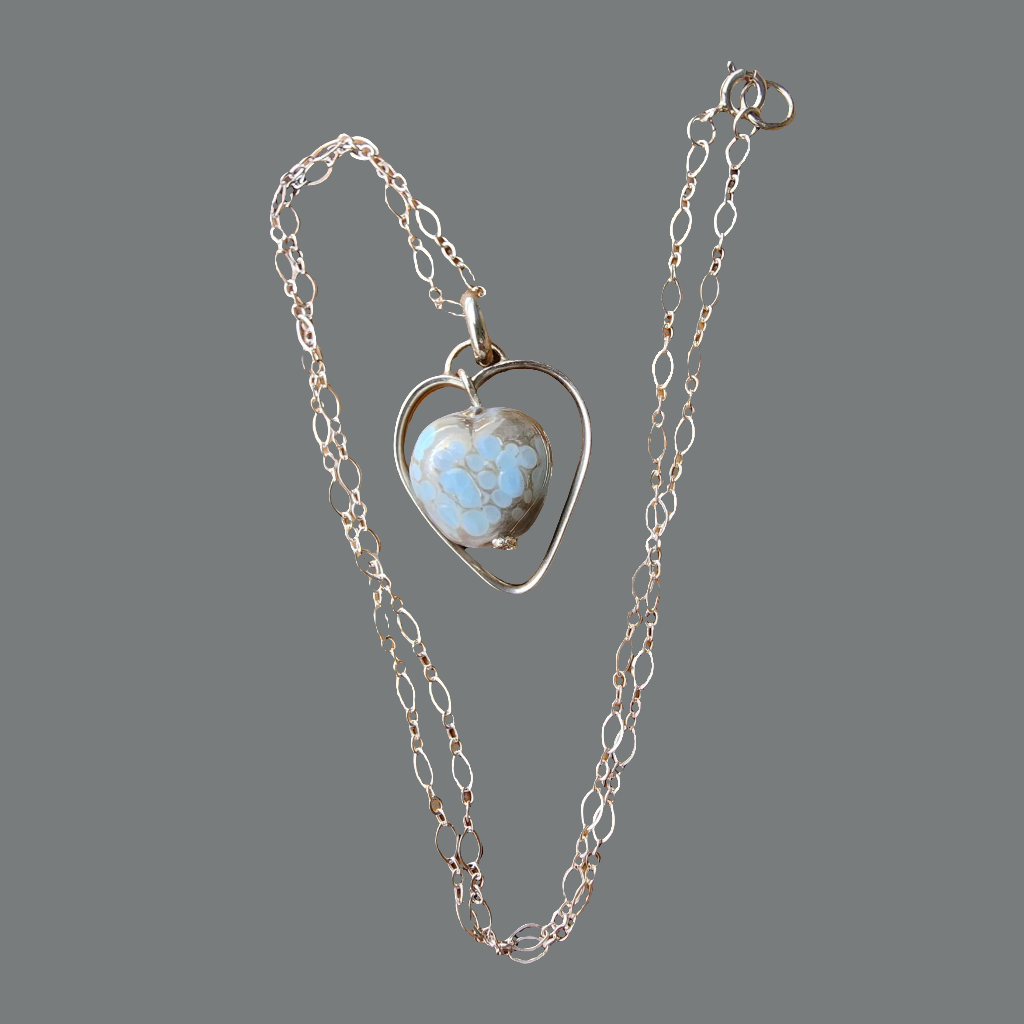 Handmade Heart Pendants Necklace Sterling Silver - Lampwork Ceramic Heart - blue -silver