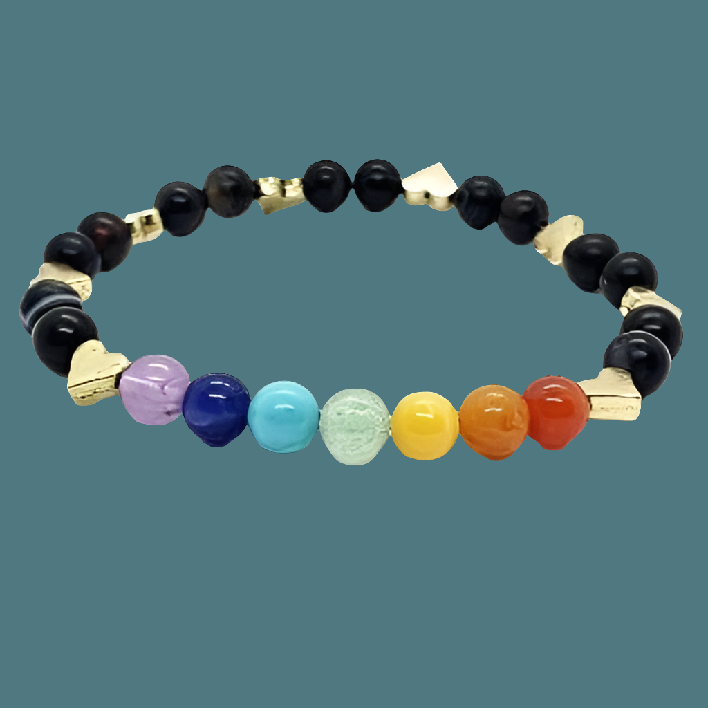 Handmade Chakra Beaded Stretch Bracelet with Gold Heart Spacers & Natural Gemstones