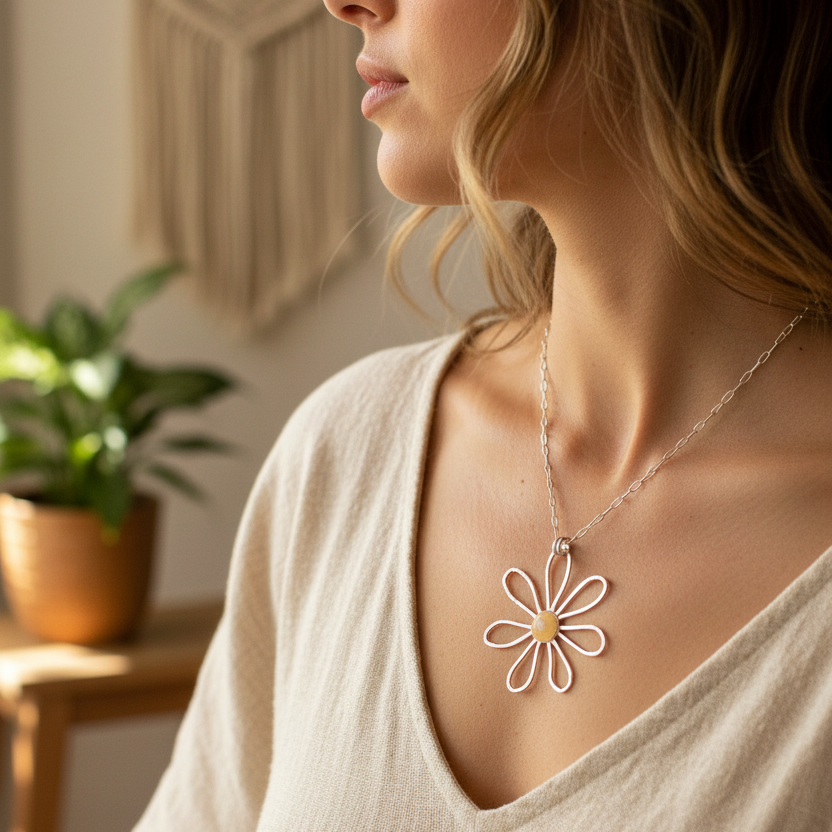 Silver Flower pendant worn by a woman