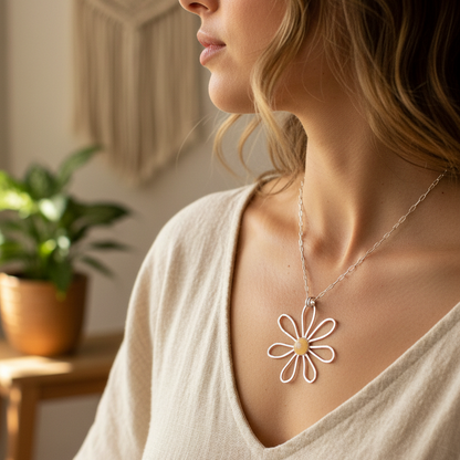 Silver Flower pendant worn by a woman