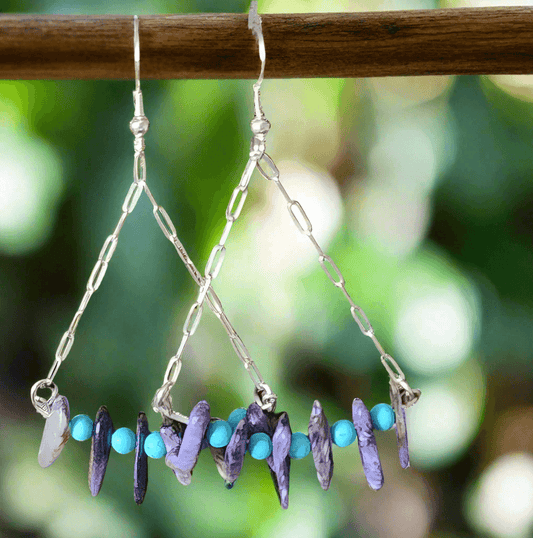 Handmade Sterling Silver Boho Earrings with Charoite & Turquoise Howlite Beads | Positive Energy Jewelry