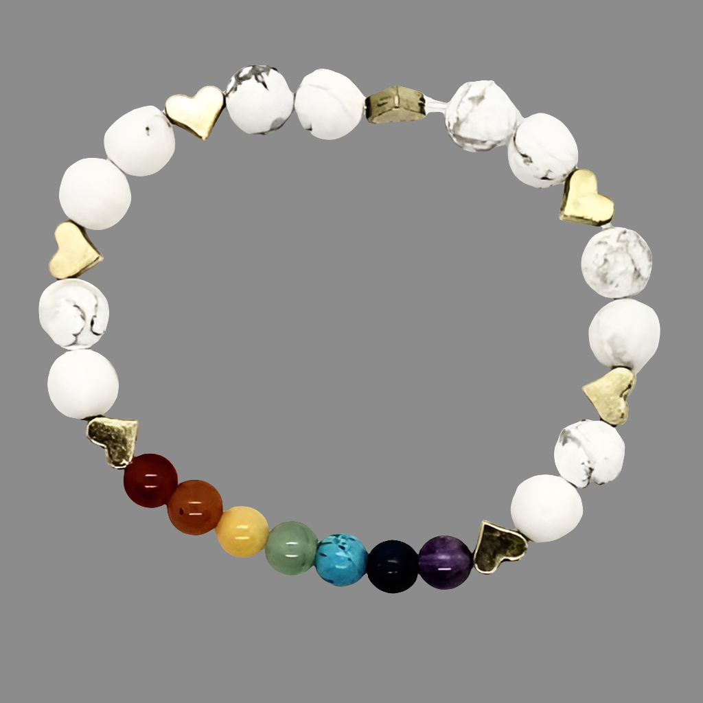 Handmade Chakra Stretch Bracelet with White Howlite & Gold Heart Spacers – Natural Gemstones