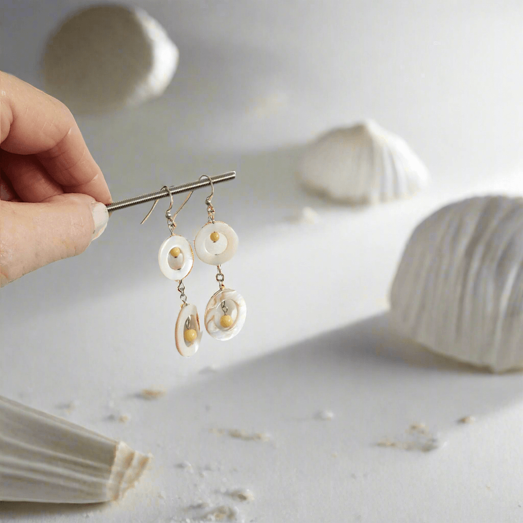 Natural & Dyed Mother of Pearl Earrings with Yellow Jasper Beads  S-Style, 3” Long Handmade Earrings