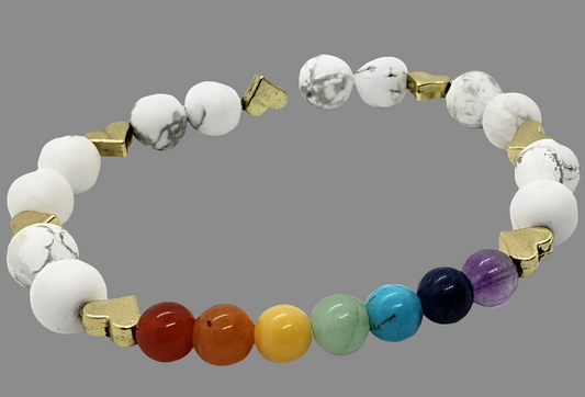 Handmade Chakra Stretch Bracelet with White Howlite & Gold Heart Spacers – Natural Gemstones