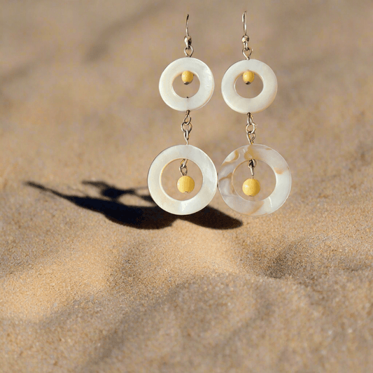 Natural & Dyed Mother of Pearl Earrings with Yellow Jasper Beads | S-Style, 3” Long Handmade Earrings