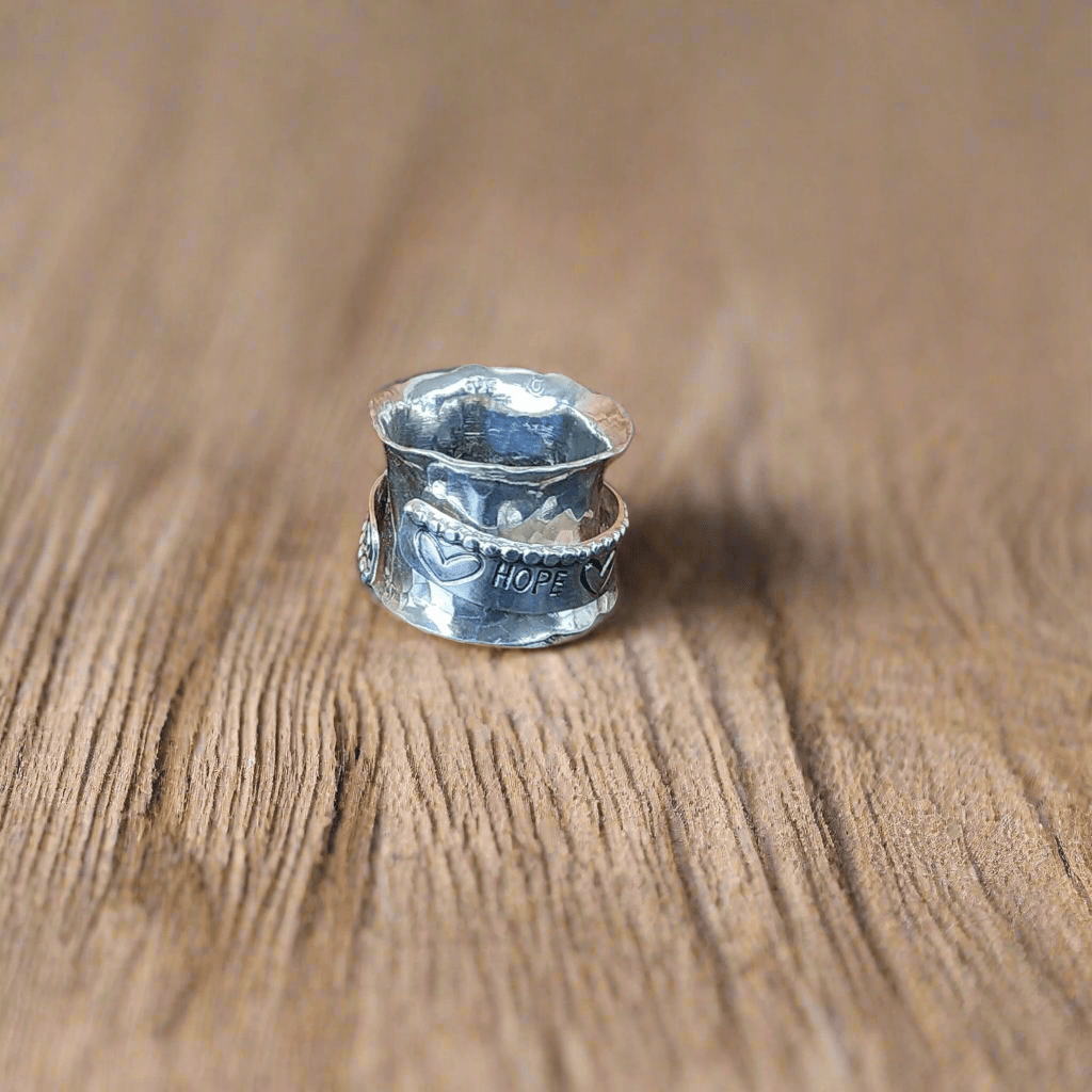 Hope Spinner Ring | Handcrafted .925 Sterling Silver Hammered Bypass Ring with Hearts & Arrow - SoFlo Boho Boutique