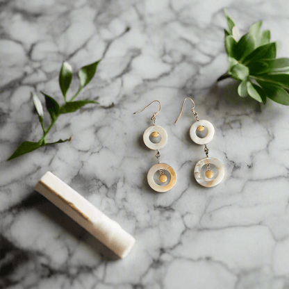 Natural & Dyed Mother of Pearl Earrings with Yellow Jasper Beads | S-Style, 3” Long Handmade Earrings