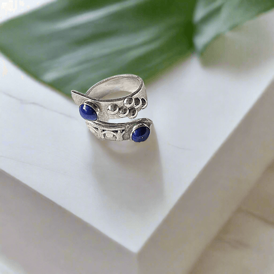Handmade Sterling Silver Bypass Ring with Lapis Lazuli Cabochon | Boho Jewelry
