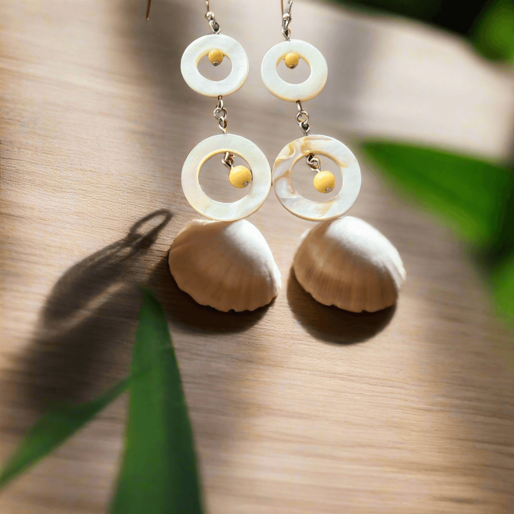 Natural & Dyed Mother of Pearl Earrings with Yellow Jasper Beads | S-Style, 3” Long Handmade Earrings