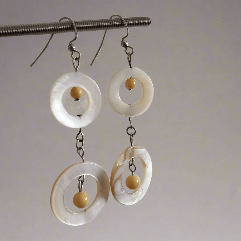 Natural & Dyed Mother of Pearl Earrings with Yellow Jasper Beads - S-Style, 3” Long Handmade Earrings