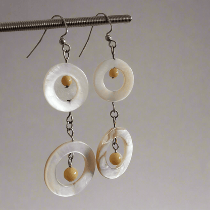 Natural & Dyed Mother of Pearl Earrings with Yellow Jasper Beads - S-Style, 3” Long Handmade Earrings