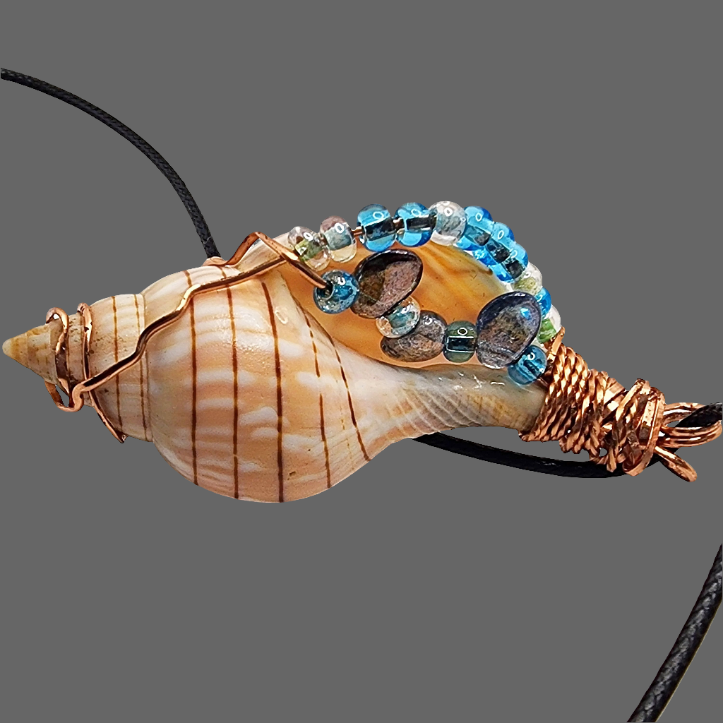 Copper Wrapped Banded Tulip Seashell  Handmade Pendant Blue-Green Color-Glass beads-Beach Boho