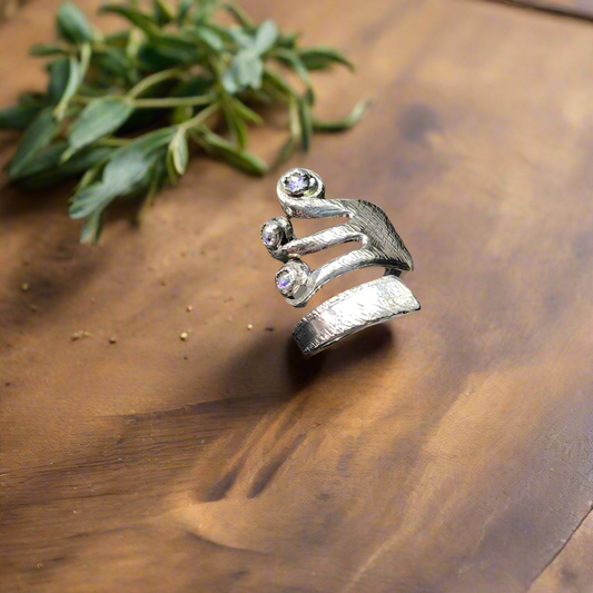 Handmade Vintage-Inspired Fork Ring with Aurora Borealis Swarovski Crystals | Sterling Silver