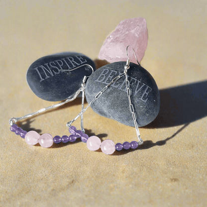Handmade Sterling Silver Boho Earrings with Rose Quartz & Amethyst Beads | Love & Harmony Jewelry