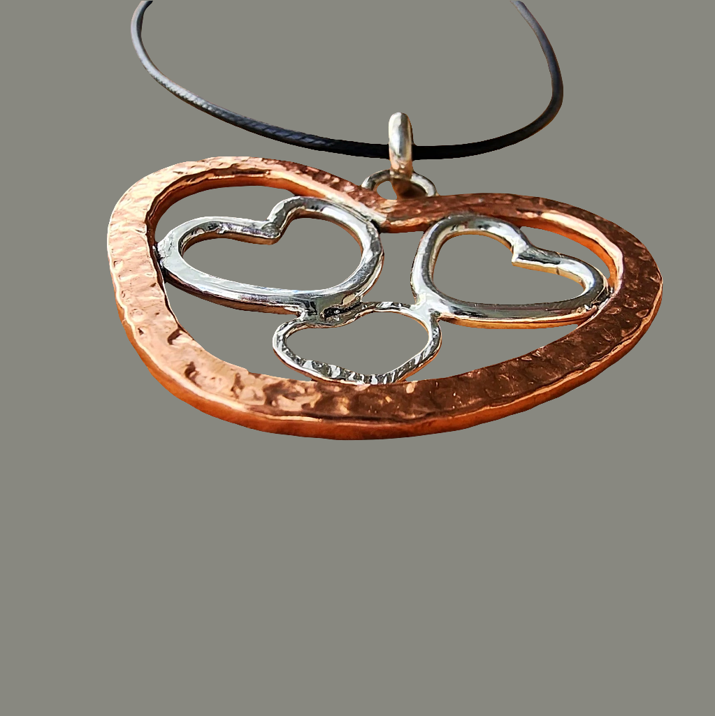 Handmade Quadruple Heart Pendant with Copper & Sterling Silver on Faux Leather