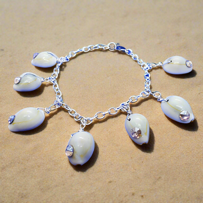 Handcrafted Cowrie Shell Bracelet with Swarovski Rhinestone – Silver Link Chain