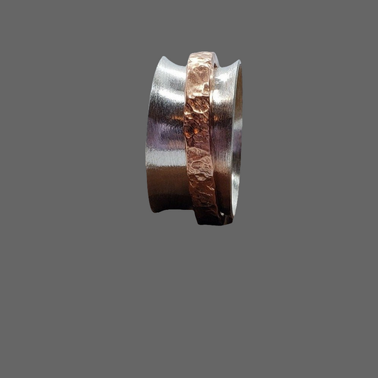 Handmade .925 Sterling Silver Spinner Ring with Copper Hammered Outer Ring | Boho Jewelry