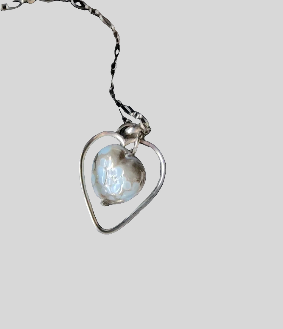 Handmade Heart Pendants Necklace Sterling Silver - Lampwork Ceramic Heart - blue -silver