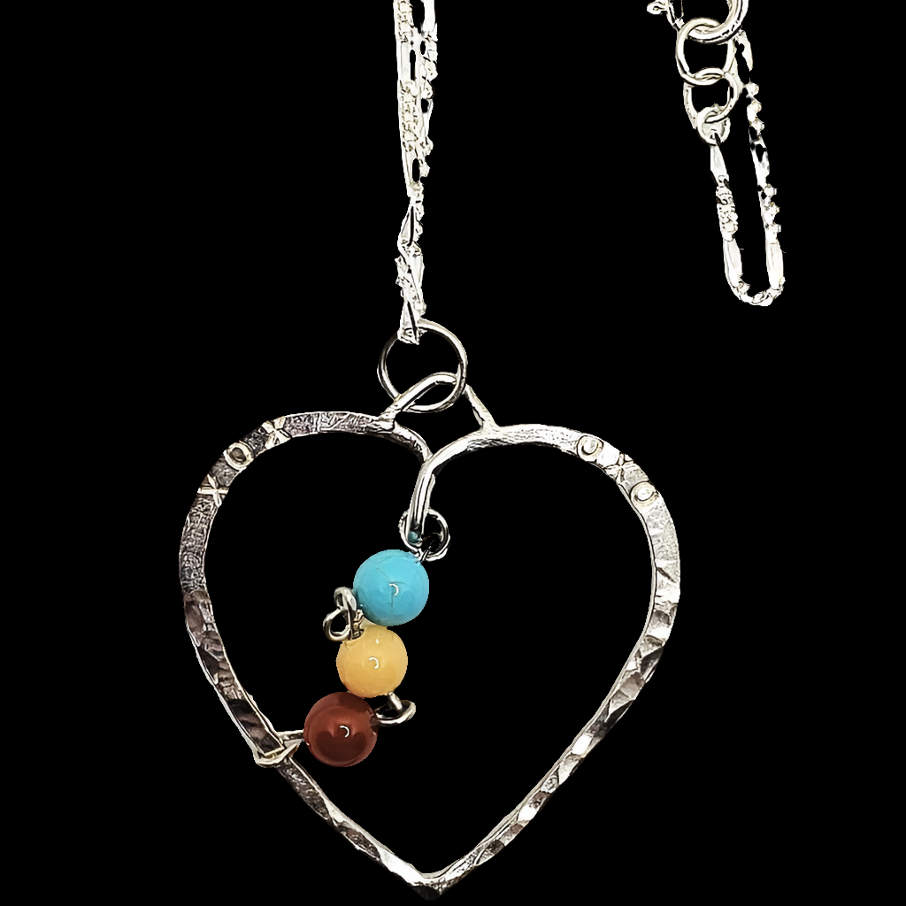 Hammered  Handmade Heart Pendants Necklace Sterling Silver - With Gemstones Interchangeable Chain