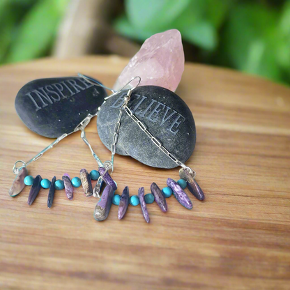 Handmade Sterling Silver Boho Earrings with Charoite & Turquoise Howlite Beads | Positive Energy Jewelry
